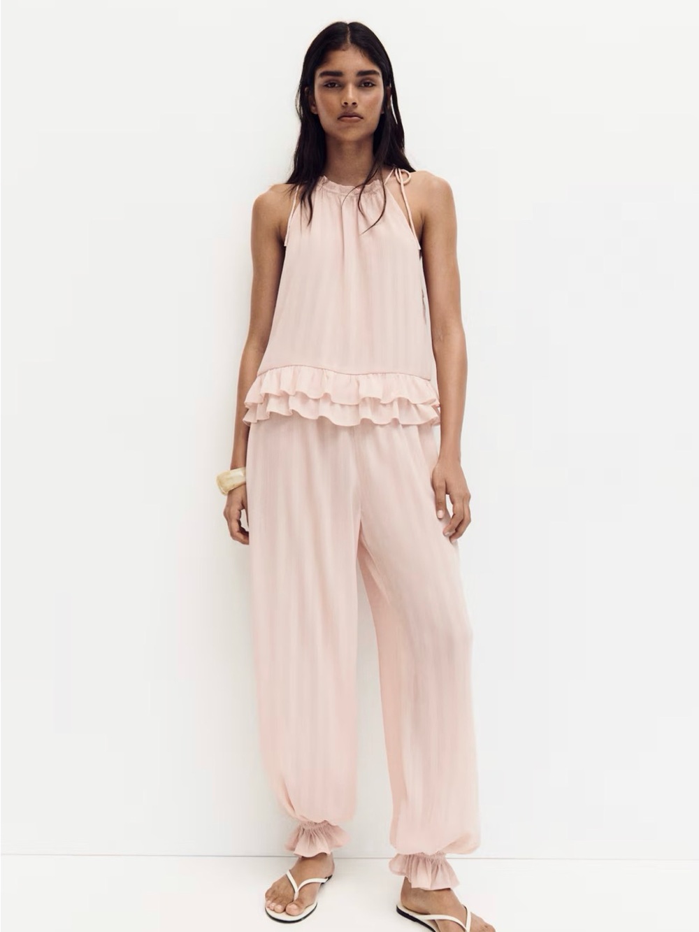 Sleeveless Ruffle Top with Wide-Leg bloomer pants in Blush Pink Set